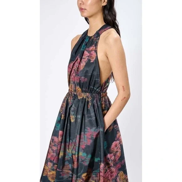 Ulla Johnson Leyna Gathered Printed Taffeta Midi Dress Floral Open Back Size 2